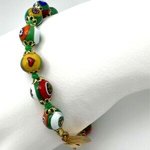 Venice Murano Millefiori Glass Mosaic Bracelet Multicolored Beads Gold-Tone 7.5